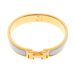 Pre Owned Hermes Clic Clac H White Enamel Gold Plated Narrow Bracelet PM