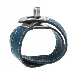 Pre Owned Hermes Kelly Double Tour Blue Leather Palladium Plated Wrap Bracelet