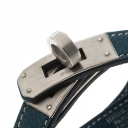 Pre Owned Hermes Kelly Double Tour Blue Leather Palladium Plated Wrap Bracelet