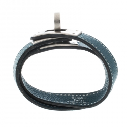 Pre Owned Hermes Kelly Double Tour Blue Leather Palladium Plated Wrap Bracelet