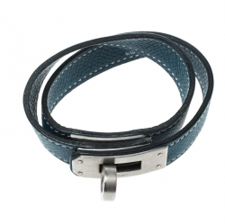 Pre Owned Hermes Kelly Double Tour Blue Leather Palladium Plated Wrap Bracelet