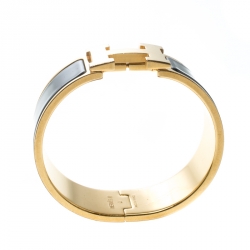 Pre Owned Hermes Clic Clac H Black Enamel Gold Plated Wide Bracelet PM