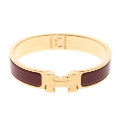 Pre Owned Hermes Clic Clac H Red Enamel Gold Plated Narrow Bracelet PM