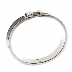 Pre Owned Hermes Clic Clac H Black Enamel Palladium Plated Bracelet PM