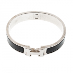 Pre Owned Hermes Clic Clac H Black Enamel Palladium Plated Bracelet PM