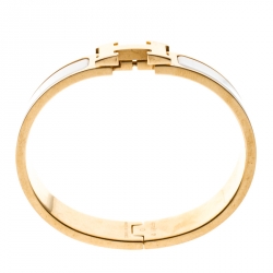 Pre Owned Hermes Clic Clac H White Enamel Gold Plated Narrow Bracelet PM