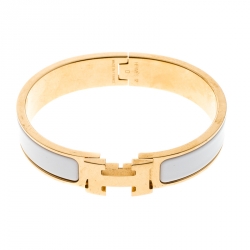 Pre Owned Hermes Clic Clac H White Enamel Gold Plated Narrow Bracelet PM