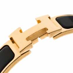 Pre Owned Hermes Clic Clac H Black Enameled Gold Tone Bracelet PM