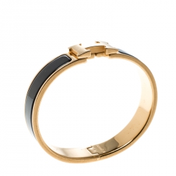 Pre Owned Hermes Clic Clac H Black Enameled Gold Tone Bracelet PM