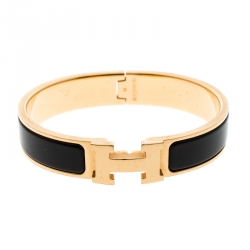 Pre Owned Hermes Clic Clac H Black Enameled Gold Tone Bracelet PM