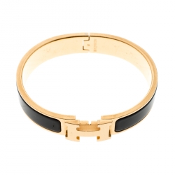 Pre Owned Hermes Clic Clac H Black Enameled Gold Tone Bracelet PM