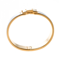 Pre Owned Hermes Clic Clac H Gold Tone White Enamel Narrow Bracelet PM