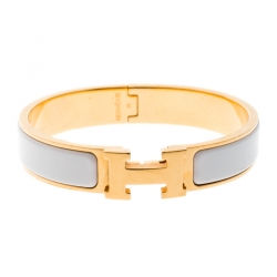 Pre Owned Hermes Clic Clac H Gold Tone White Enamel Narrow Bracelet PM