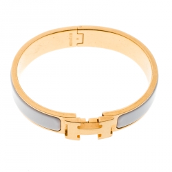 Pre Owned Hermes Clic Clac H Gold Tone White Enamel Narrow Bracelet PM