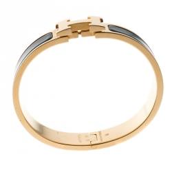 Pre Owned Hermes Clic Clac H Navy Blue Enamel Gold Plated Narrow Bracelet PM