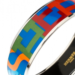 Pre Owned Hermes Capitales Multicolored Enamel Palladium Plated Wide Bracelet