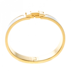 Pre Owned Hermes Clic Clac H White Enamel Gold Tone Narrow Bracelet PM