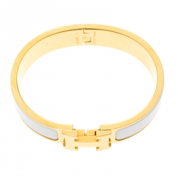 Pre Owned Hermes Clic Clac H White Enamel Gold Tone Narrow Bracelet PM