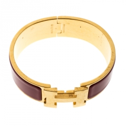 Pre Owned Hermes Clic Clac H Red Enamel Gold Plated Wide Bracelet GM