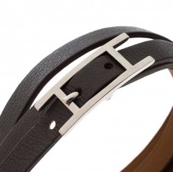 Pre Owned Hermes Hapi 3 Grey Leather Palladium Plated Wrap Bracelet S
