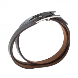 Pre Owned Hermes Hapi 3 Grey Leather Palladium Plated Wrap Bracelet S