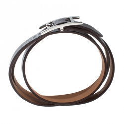 Pre Owned Hermes Hapi 3 Grey Leather Palladium Plated Wrap Bracelet S