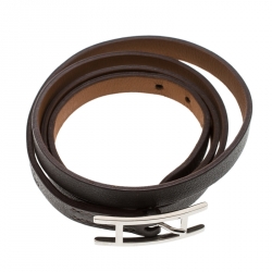 Pre Owned Hermes Hapi 3 Grey Leather Palladium Plated Wrap Bracelet S