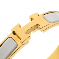 Pre Owned Hermes Clic Clac H White Enamel Gold Plated Narrow Bracelet PM