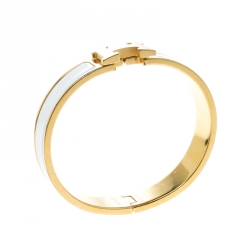 Pre Owned Hermes Clic Clac H White Enamel Gold Plated Narrow Bracelet PM