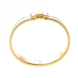 Pre Owned Hermes Clic Clac H White Enamel Gold Plated Narrow Bracelet PM