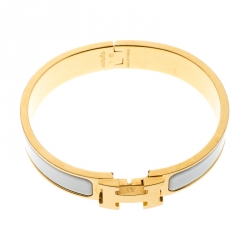 Pre Owned Hermes Clic Clac H White Enamel Gold Plated Narrow Bracelet PM