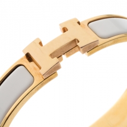 Pre Owned Hermes Clic Clac H White Enamel Rose Gold Plated Narrow Bracelet PM