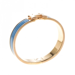 Pre Owned Hermes Clic Clac H Blue Enamel Gold Plated Narrow Bracelet PM