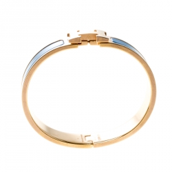 Pre Owned Hermes Clic Clac H Blue Enamel Gold Plated Narrow Bracelet PM