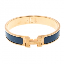 Pre Owned Hermes Clic Clac H Blue Enamel Gold Plated Narrow Bracelet PM