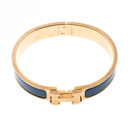 Pre Owned Hermes Clic Clac H Blue Enamel Gold Plated Narrow Bracelet PM