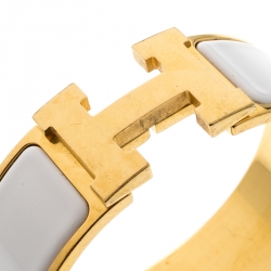 Pre Owned Hermes Clic Clac H White Enamel Gold Plated Wide Bracelet GM