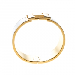Pre Owned Hermes Clic Clac H White Enamel Gold Plated Wide Bracelet GM