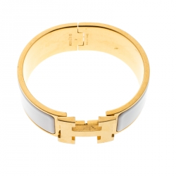 Pre Owned Hermes Clic Clac H White Enamel Gold Plated Wide Bracelet GM