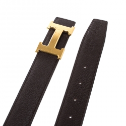 Pre Owned Hermes Dark Brown/Black Leather Gold Brushed Finished H Buckle Belt 85cm