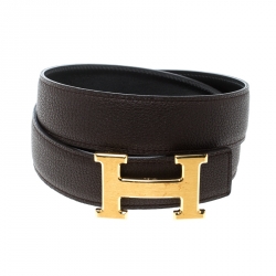 Pre Owned Hermes Dark Brown/Black Leather Gold Brushed Finished H Buckle Belt 85cm