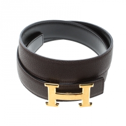 Pre Owned Hermes Dark Brown/Black Leather Gold Brushed Finished H Buckle Belt 85cm