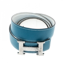 Pre Owned Hermes Sky Blue/White Leather Reversible Silver Brushed Finished H Buckle Belt 95cm