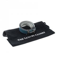 Pre Owned Hermes Sky Blue/White Leather Reversible Silver Brushed Finished H Buckle Belt 95cm