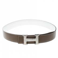 Pre Owned Hermès Taupe/White Leather Reversible Silver Hammered Finished H Buckle Belt 80cm