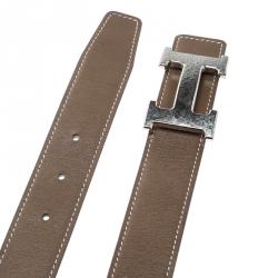 Pre Owned Hermès Taupe/White Leather Reversible Silver Hammered Finished H Buckle Belt 80cm
