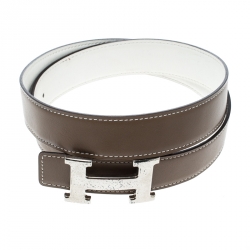 Pre Owned Hermès Taupe/White Leather Reversible Silver Hammered Finished H Buckle Belt 80cm
