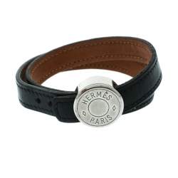 Pre Owned Hermes Black Looping Interchangeable Leather Palladium Plated Bracelet