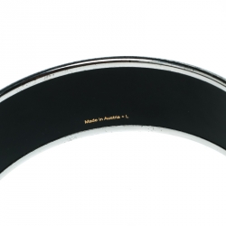 Pre Owned Hermès Black Perfume Bottle Print Enamel Palladium Plated Wide Bangle Bracelet