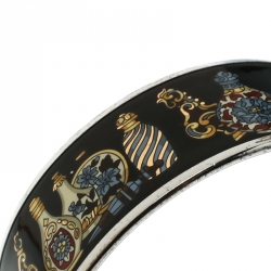 Pre Owned Hermès Black Perfume Bottle Print Enamel Palladium Plated Wide Bangle Bracelet